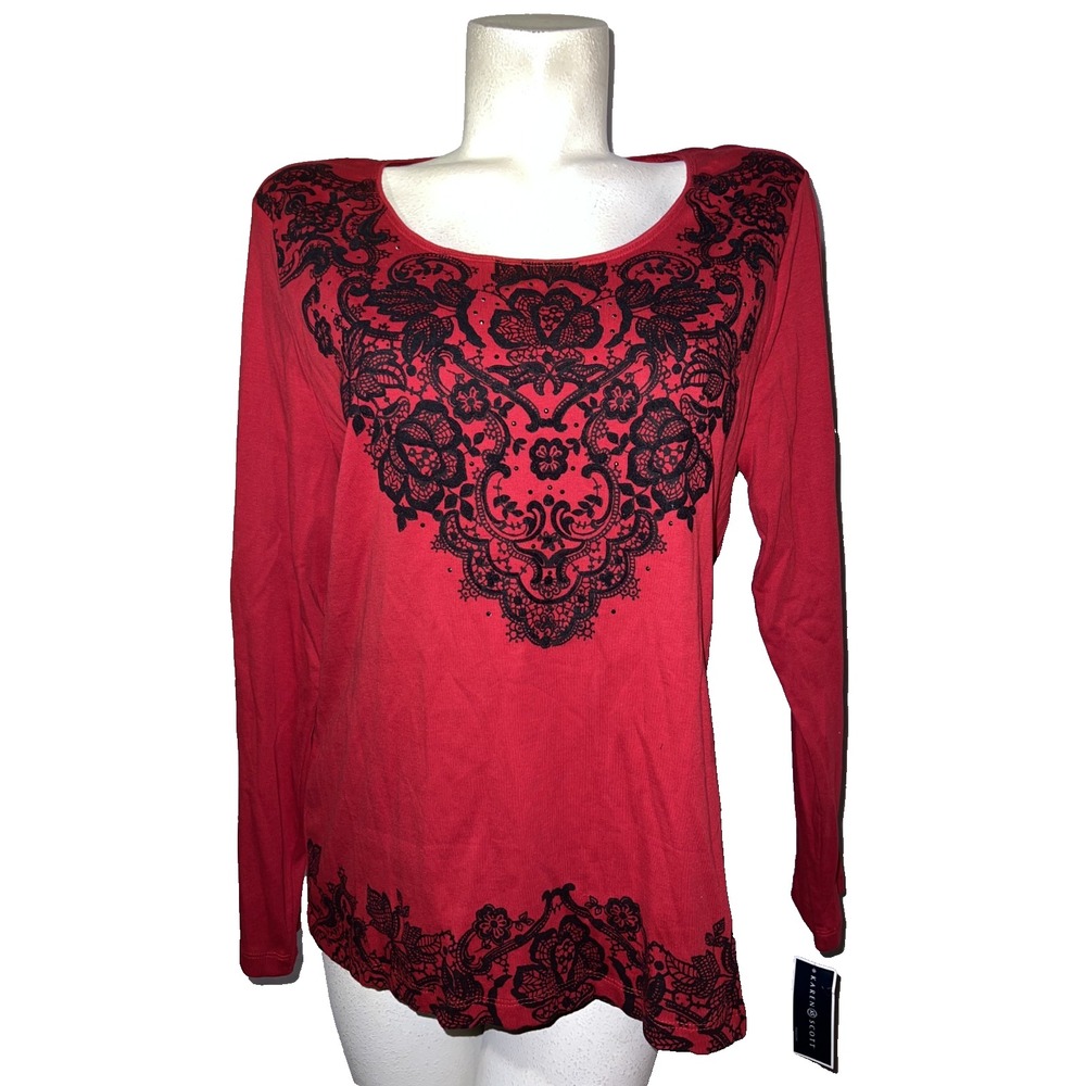 Karen Scott Womens Red Lace Printā Rhinestone Long Sleeve Cotton Top Size L NEW